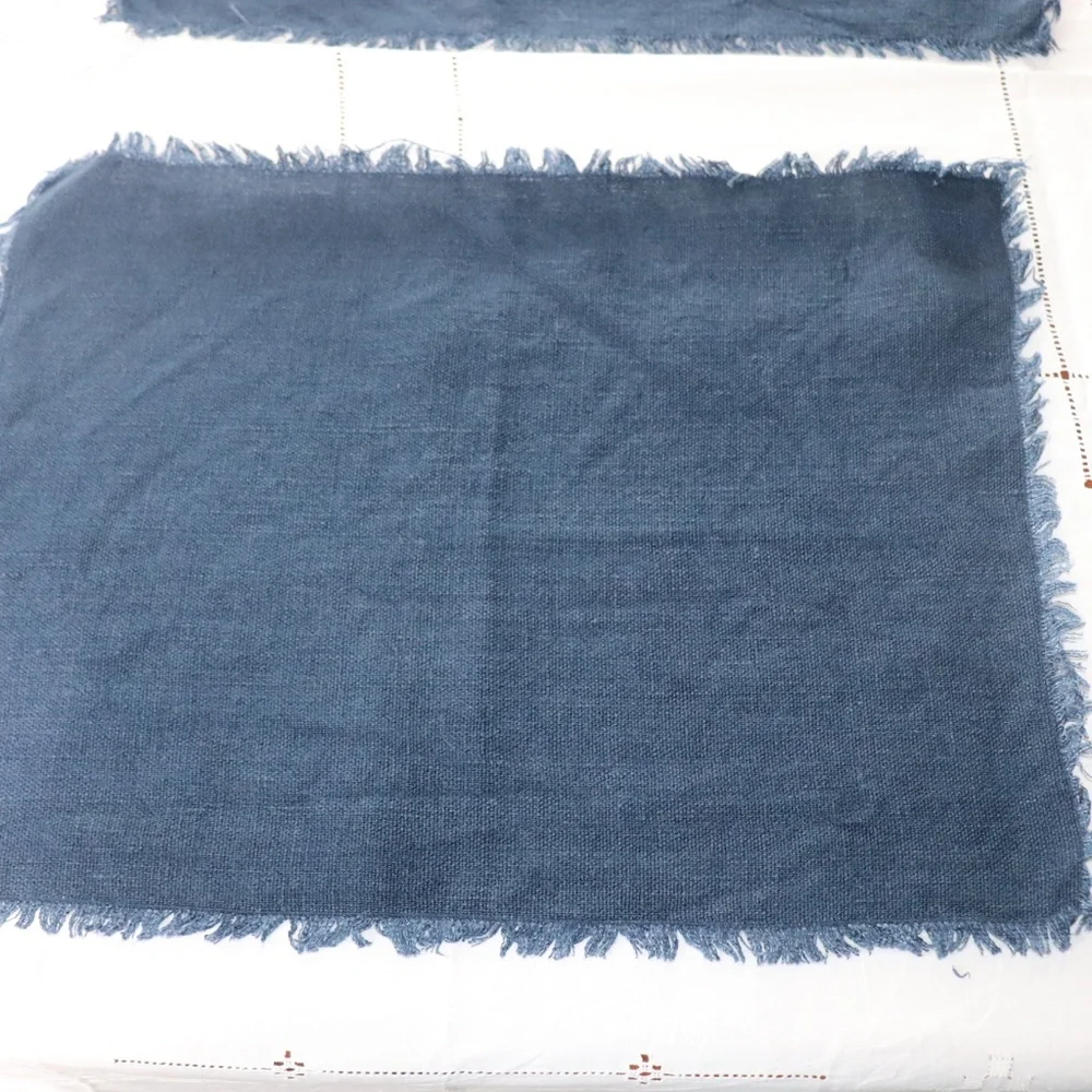 Williams Sonoma Woven Linen Navy Blue Placemats with Fringed Edge Set of 8